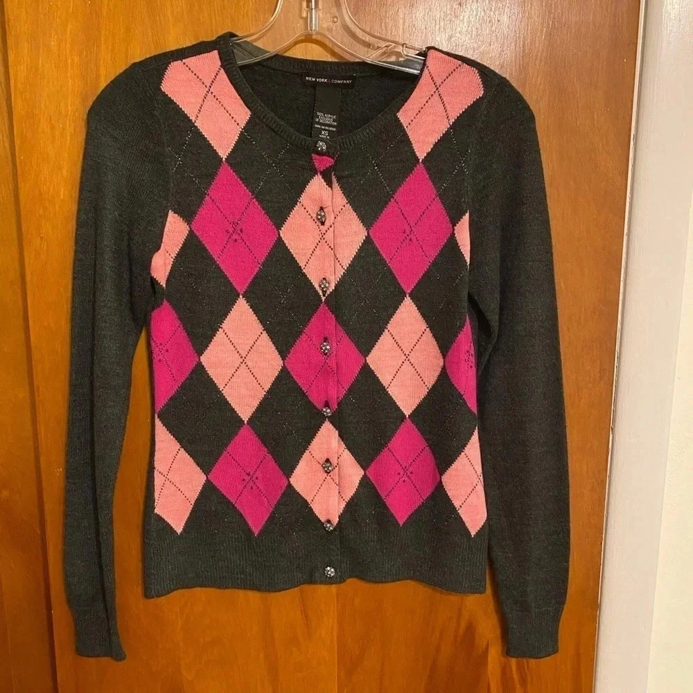 New York & Company Button Down Pink Plaid Front and gray Back Cardigan, Size XS